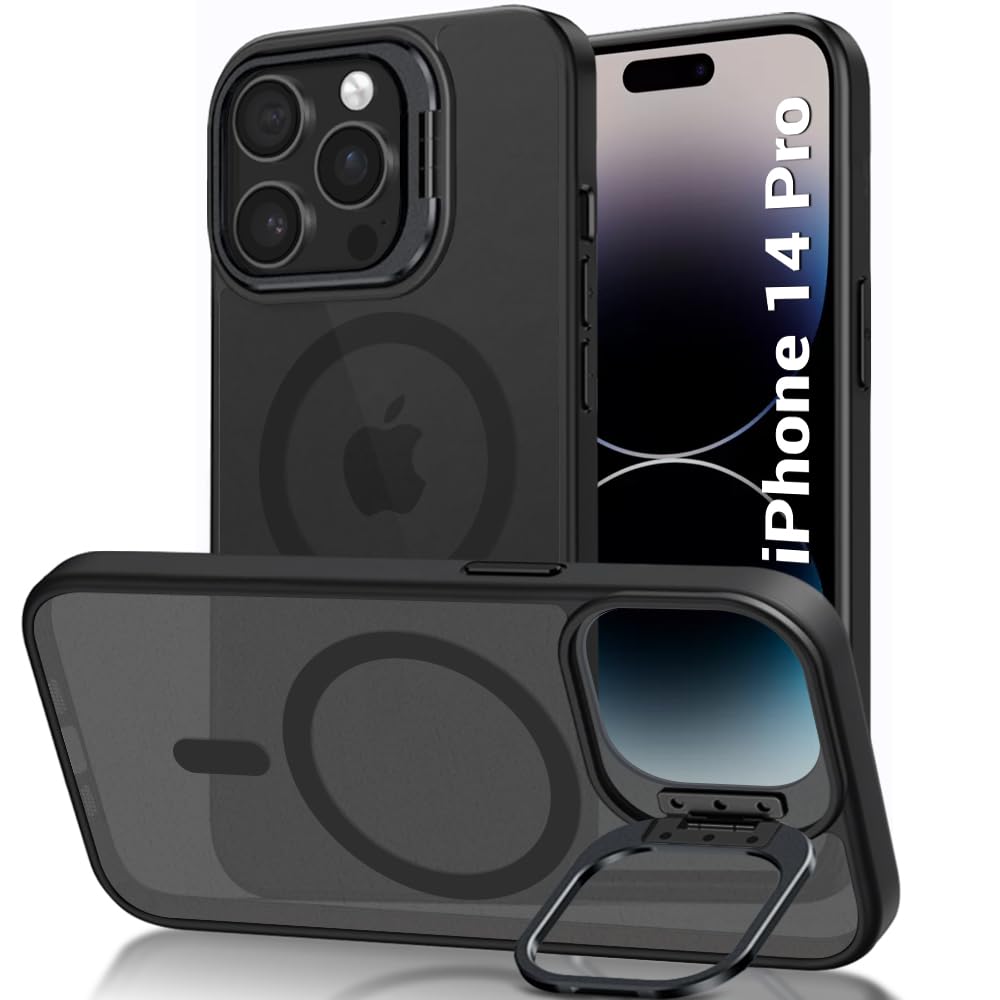 TheGiftKart Hybrid Matte Frosted Back Cover Case for iPhone 14 PRO Compatible with MagSafe | Built-in Stand | Shockproof Hard Back Case Cover for iPhone 14 PRO (PC & TPU, Translucent Black)