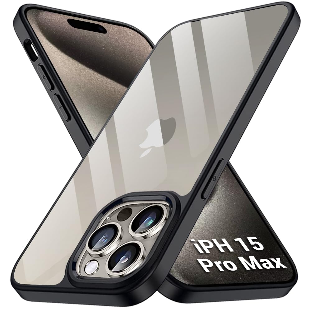 TheGiftKart Ultra-Hybrid Crystal Clear Back Cover Case for iPhone 15 Pro Max | Shockproof Design | Camera Protection Bump | Transparent Back Cover Case for iPhone 15 Pro Max (PC & TPU, Black Bumper)