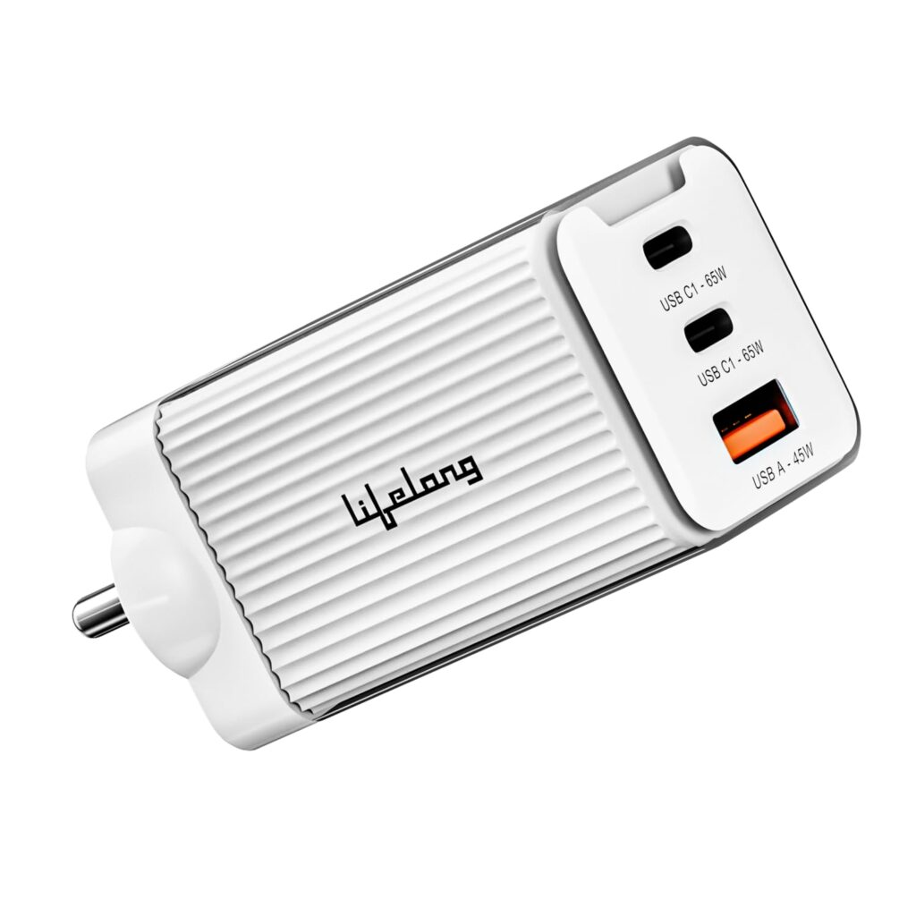 Lifelong Electronics 65W GaN Fast Charger PD Technology | 1 USB A + 2 Type C Ports | iPhone 16/15/14, Android, Samsung | Laptops - MacBook, Dell, HP, Lenovo, Acer, ASUS | BIS Certified (Glacier White)