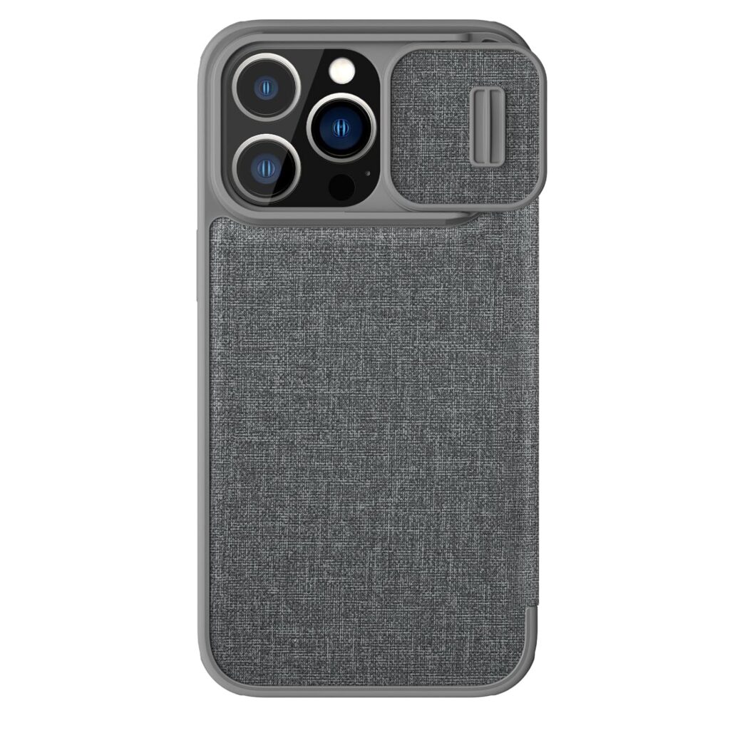 Nillkin Case for Apple iPhone 14 Pro Max (6.7" Inch) Qin Pro Cloth Leather Camshield Camera Slider Flip Folio + Card Slot Grey Color