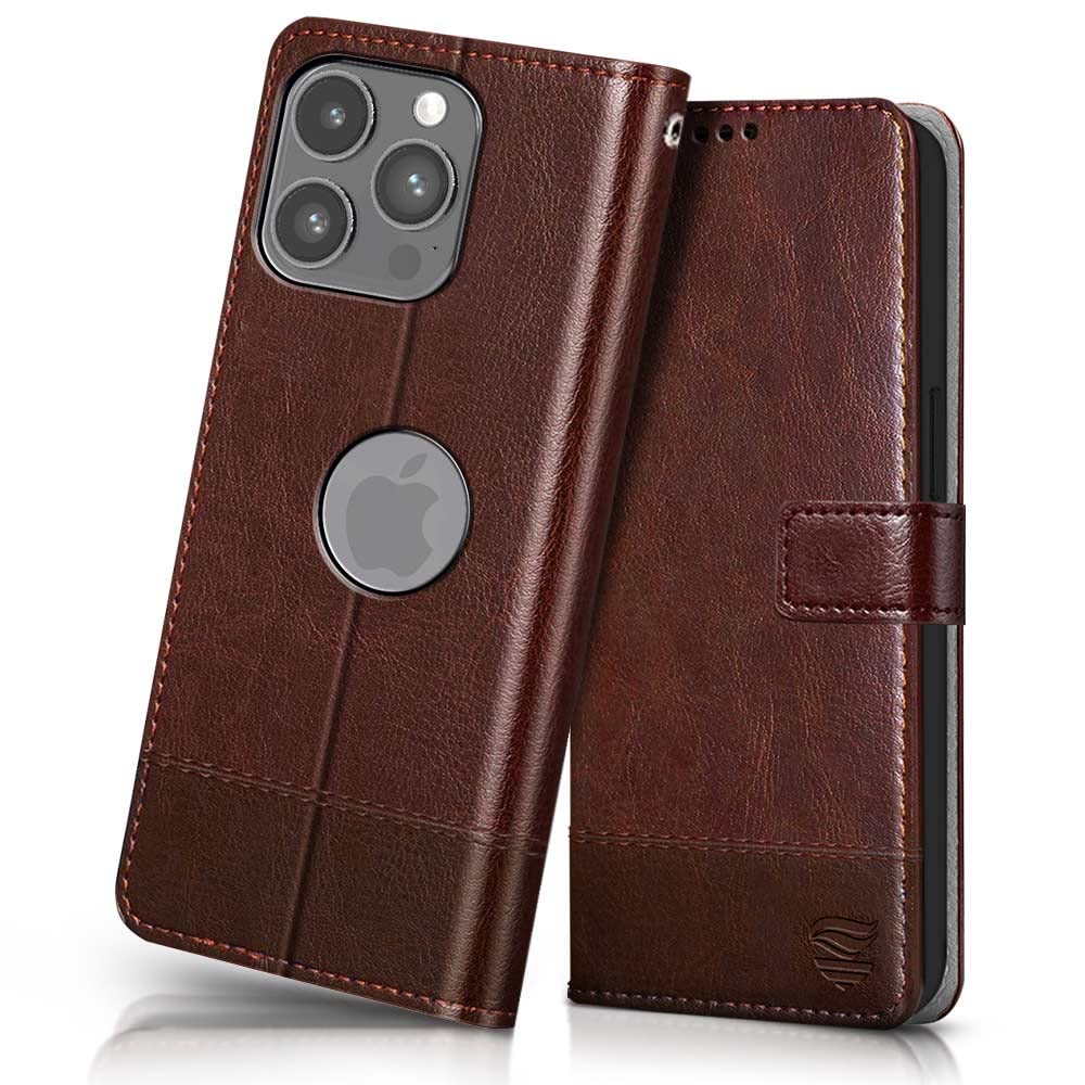FLIPPED Vegan Leather Flip Case Back Cover for Apple iPhone 14 Pro Max (Flexible, Shock Proof | Hand Stitched Leather Finish | Card Pockets Wallet & Stand | Tan with Brown)