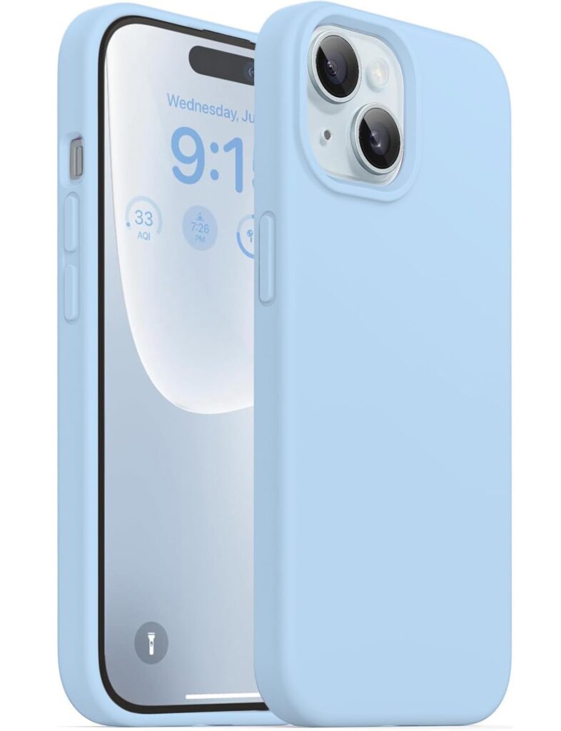 QHOHQ Compatible for iPhone 15 Case 6.1, Slim Liquid Silicone Case 3 Layers Full Covered Soft Gel Rubber Phone Case Protective Cover 6.1 Inch (Sky Blue)