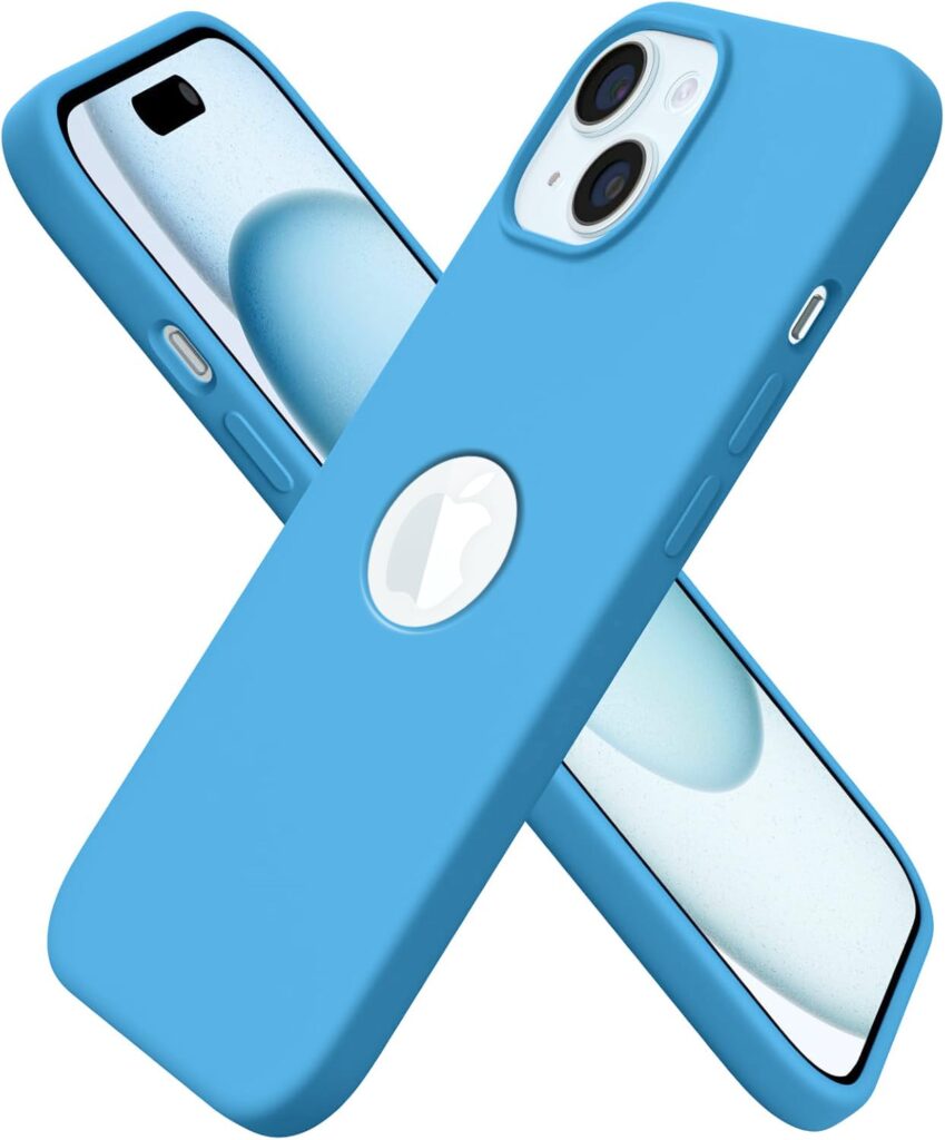 Elzzi Microfiber Logo Cut Cover Compatible for iPhone 15 Plus Case Liquid Silicone Cases Full Body 4 Layer Protective Covers Shockproof Back Cover with High Raised Camera Lips (6.7 inch, Aqua Blue)