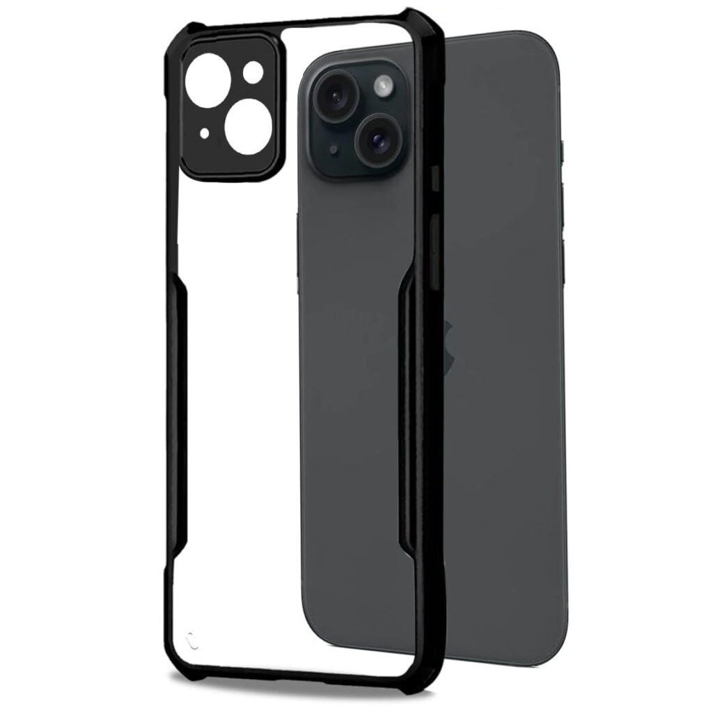 amazon basics Hybrid Camera Protection Transparent Hard Back Case Cover for iPhone 15 Plus (Sides Black)