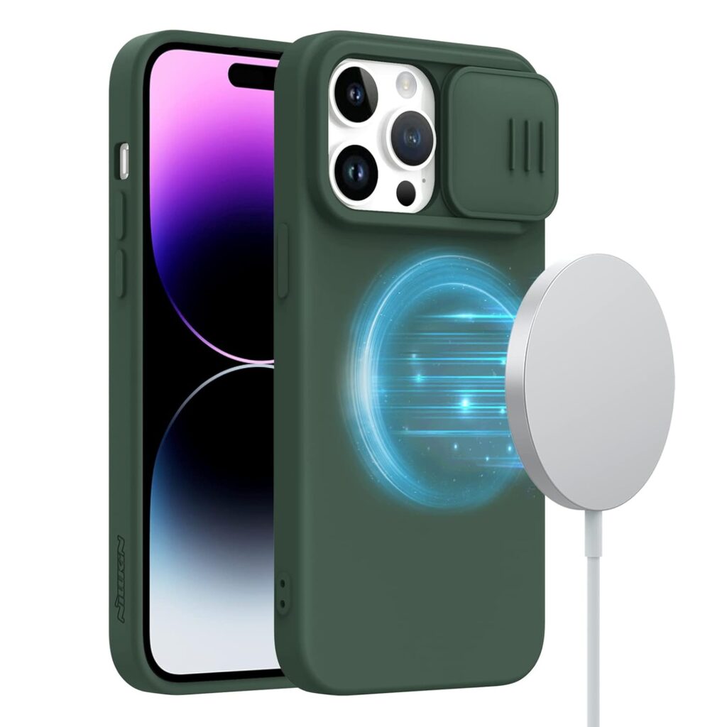 Nillkin iPhone 14 Pro Max Case with Slide Camera Cover, Silicone Magnetic Case with Compatible with Magsafe, CamShield Silky Case for 14 Pro Max 6.7 inch, Alpine Green