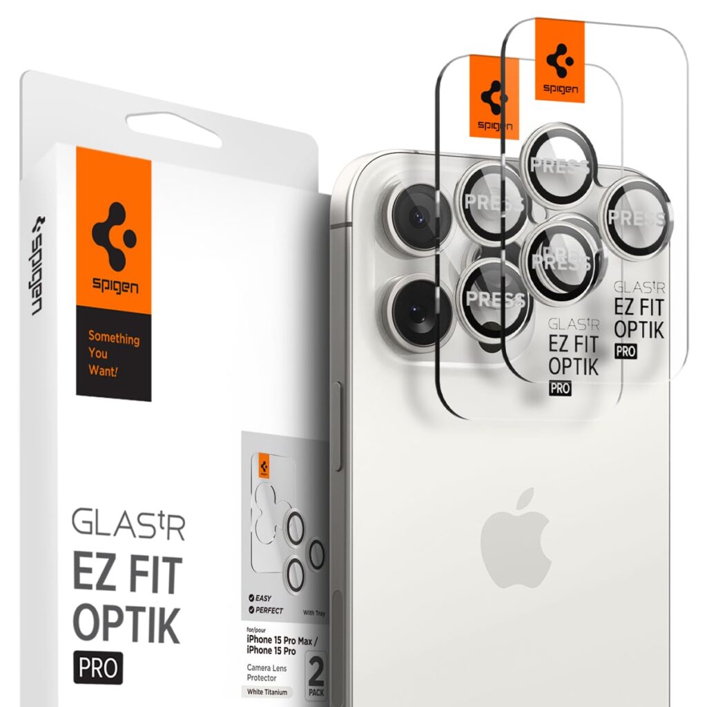 Spigen EZ Fit Optik Pro Tempered Glass Camera Lens Protector Guard for iPhone 16 Pro / 16 Pro Max / 15 Pro / 15 Pro Max / 14 Pro / 14 Pro Max (White Titanium) - 2 Pack