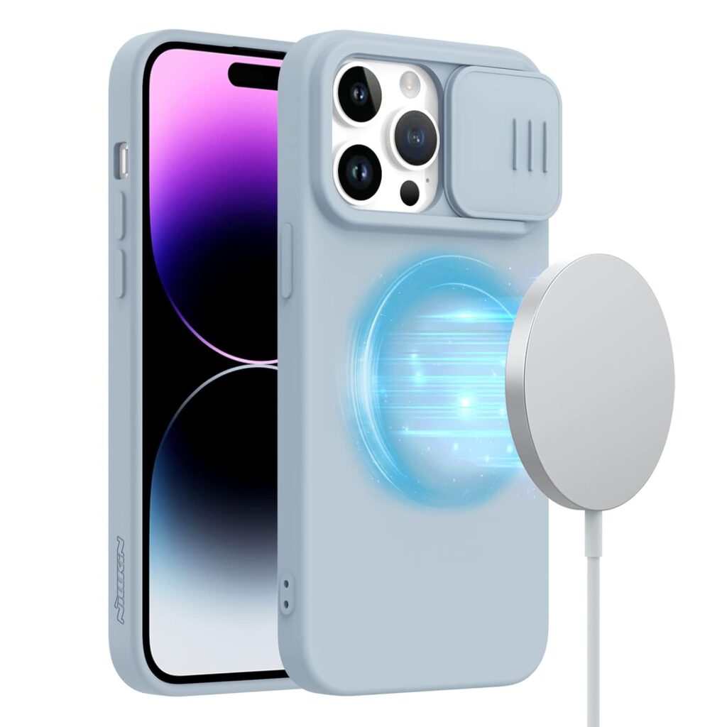 Nillkin iPhone 14 Pro Max Case with Slide Camera Cover, Silicone Magnetic Case with Compatible with Magsafe, CamShield Silky Case for 14 Pro Max 6.7 inch, Stra Grey