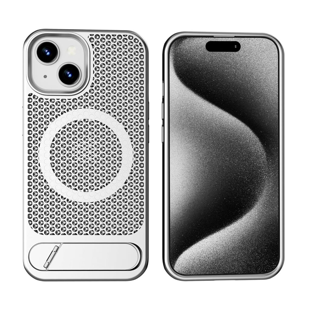 amazon basics Vanguard Laser Cut mesh case Compatible with iPhone 15 | Supports Magnetic and Wireless Charging - Silver