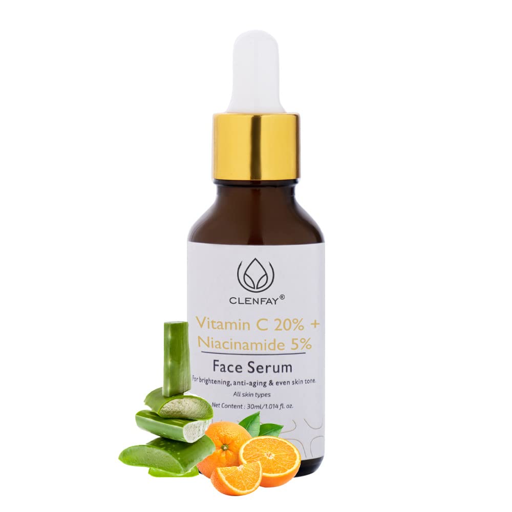 CLENFAY Vitamin C 20% Niacinamide 5% Face Serum for Anti Ageing, Wrinkle Free Glowing & Brightening Skin | All Skin Type | 30 ml