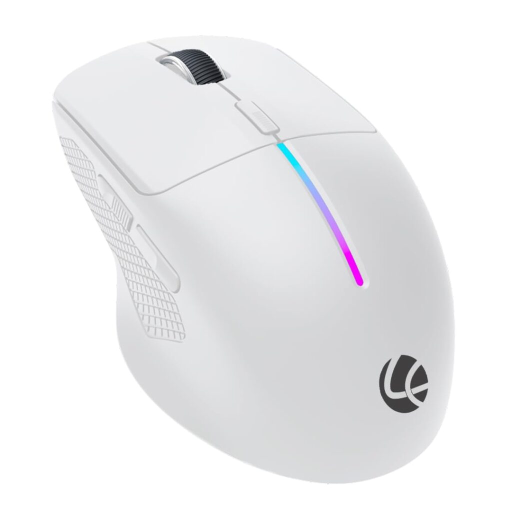 LAPCARE Swift Click Bluetooth Mouse with 2.4 GHz & BT 5.4 Dual Wireless, 6 Buttons, Rechargeable 500mAh Battery, RGB Lights, Connect 3 Devices, Ergonomic Design for Laptop, Smartphone, Tablet (White)