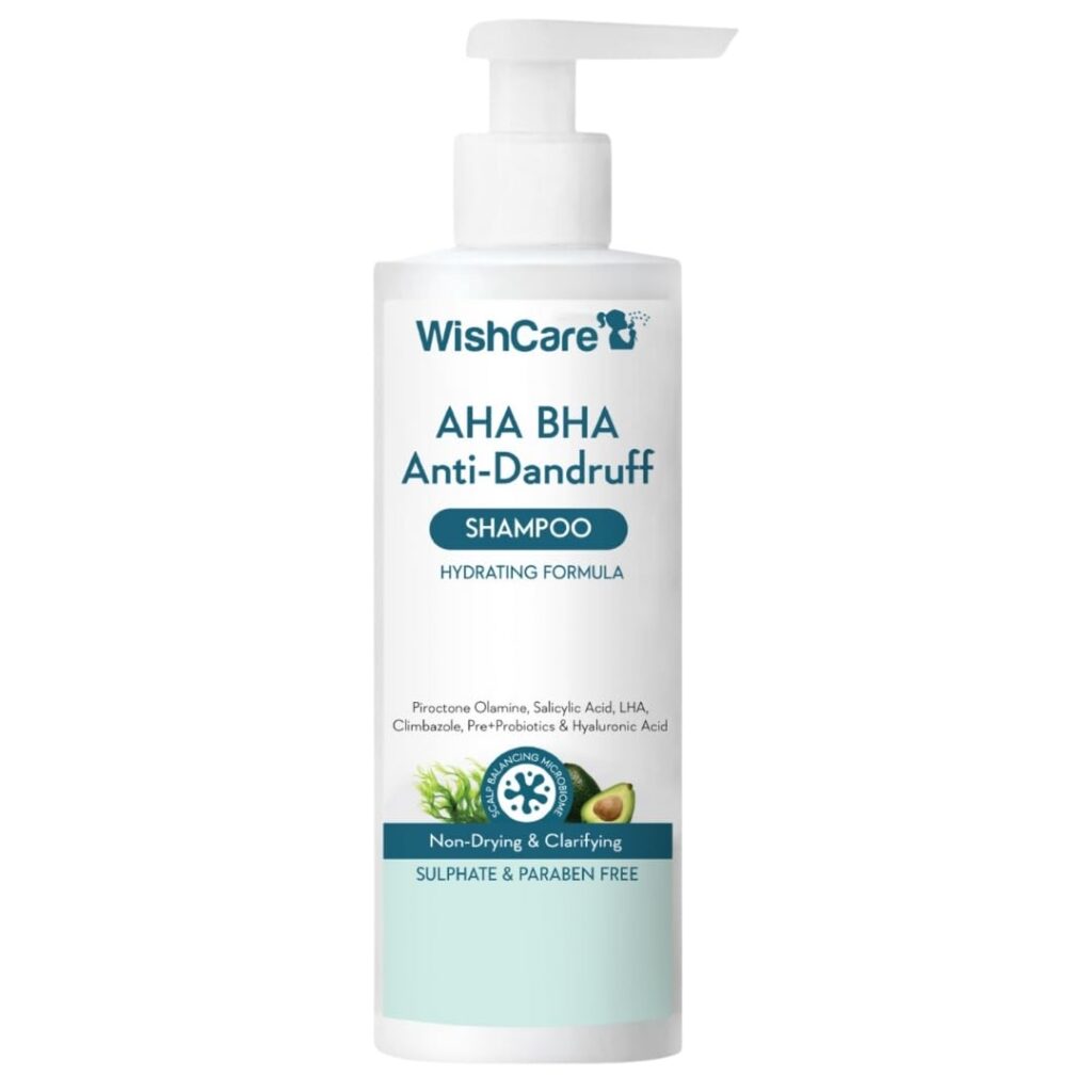 WishCare Hydrating AHA BHA Anti Dandruff Shampoo For Women & Men- Piroctone Olamine, Salicylic Acid, LHA, Climbazole, Pre+Probiotics & Hyaluronic Acid - Paraben & Sulphate Free Shampoo 250ml