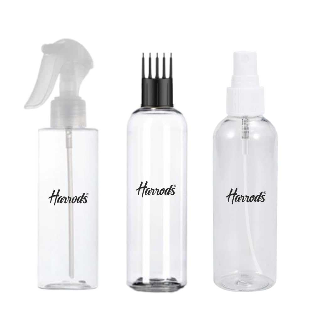 HARRODS 200ml Transparent Empty Plastic Bottle for hair application (2 Fliptop + 1 Mist Spray) Pack of 3 | Perfect For Hair Oil, Perfume, Rosewater, Travel Friendly