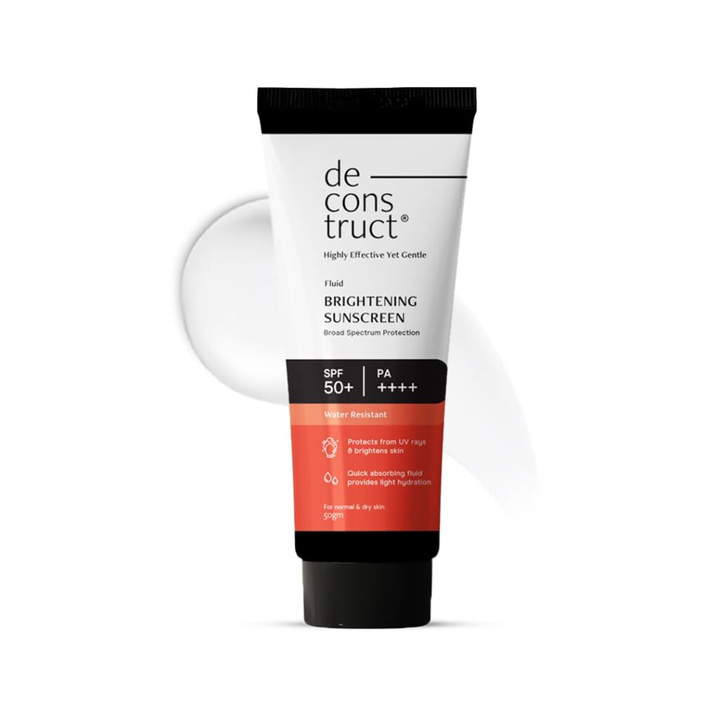 Deconstruct Brightening Fluid Sunscreen SPF 50+ with Niacinamide | Lightweight, Dewy & Hydrating for Dry & Normal Skin | Broad Spectrum UVA/UVB Protection | 8-Hour Long-Lasting, Water-Resistant | 50g