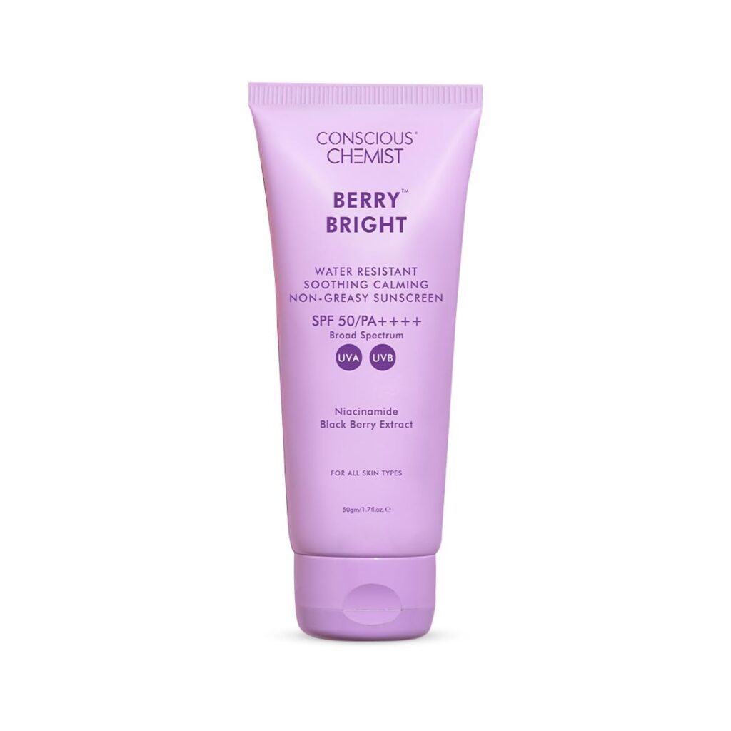 Conscious Chemist® Sunscreen SPF 50 PA++++ | 50g | Sunscreen for Oily Skin, Gel Sunscreen, Niacinamide with Black Berry Extract, Hybrid Lightweight, All Skin Types - Berry Bright