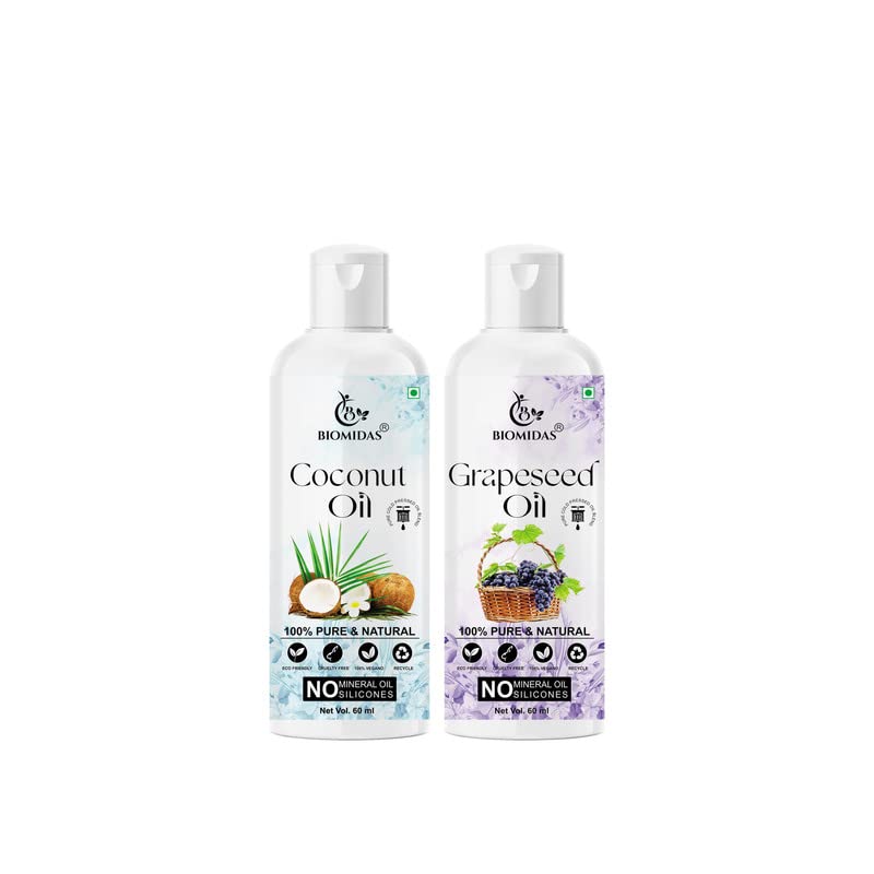 Biomidas 100% Pure Coconut 60ML & Grapeseed 60ML Combo For Rapid Hair Growth, Anti Hair Fall, Split Ends & Promotes Softer & Shinier Hair Oil(Pack of 2)