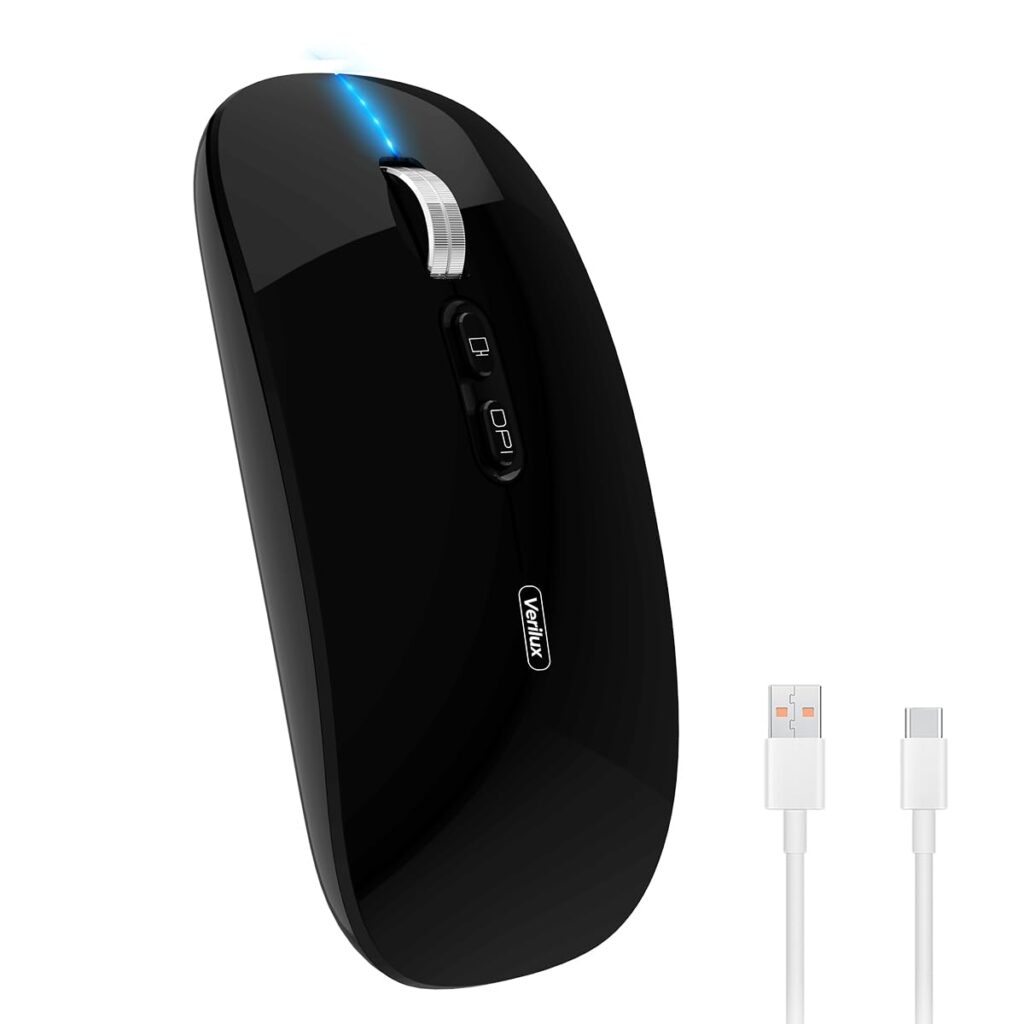 Verilux® Wireless Mouse Rechargeable, Dual Modes 2.4G & 5.1 Bluetooth Mouse for Laptop [Battery Level Visible], 1600DPI Ultra Ergonomic Silent for Laptop Wireless, Mac PC iPad Windows, Black