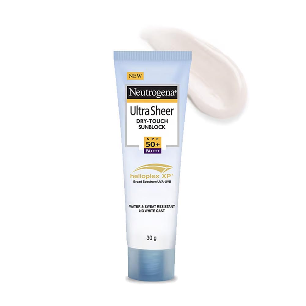 Neutrogena Ultra Sheer Sunscreen SPF 50+ | Broad Spectrum UVA/UVB | Blue light protect | No White Cast | Water resistant, Ultra light & Non sticky | Oily, Dry & Sensitive Skin | 30 g (Pack of 1)