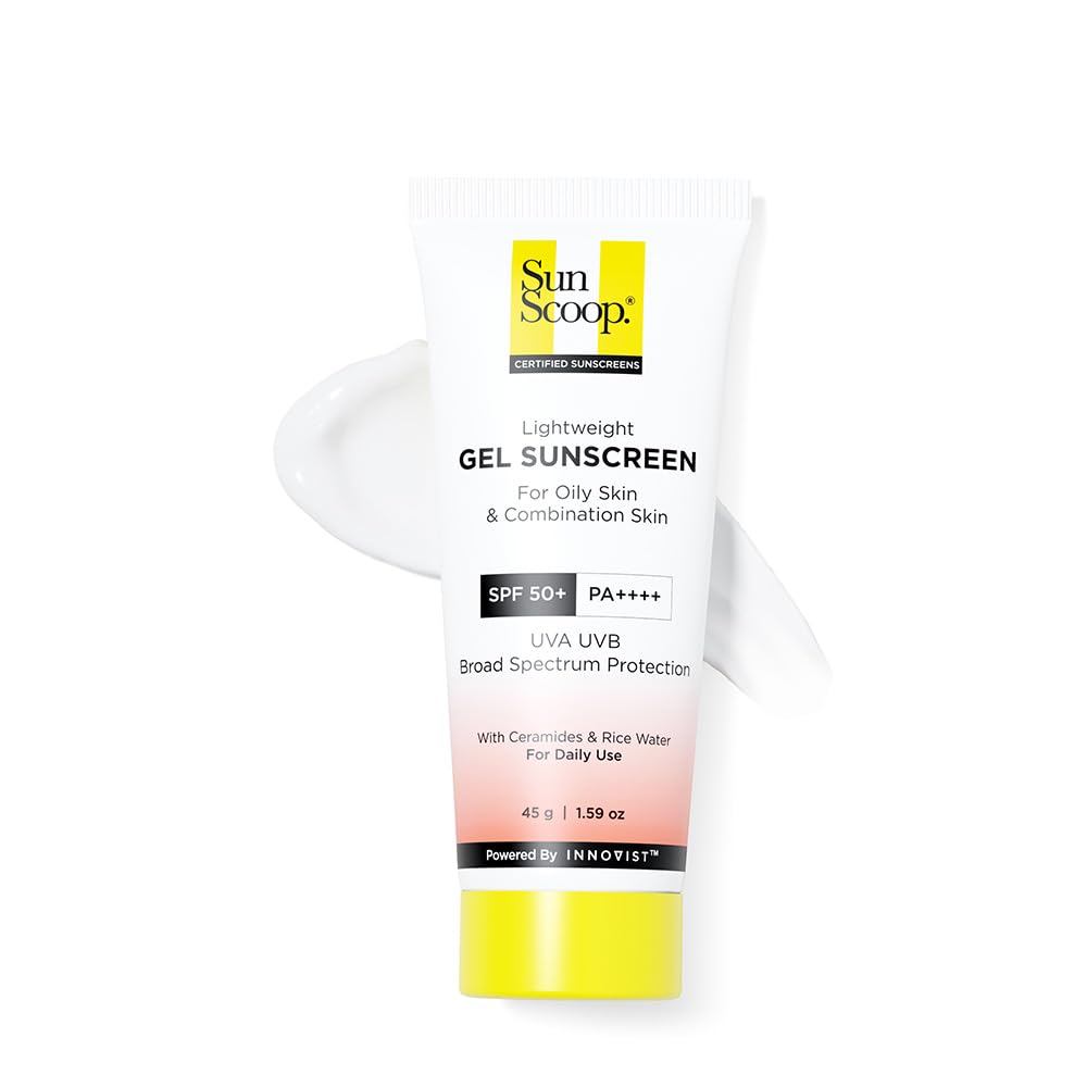 SunScoop Ceramides & Rice Water Gel Sunscreen | SPF 50+ PA++++ | For Oily & Combination Skin | Oil-Free Finish | Sweat-Free | Lightweight Formula | Protects Skin Barrier | 45g