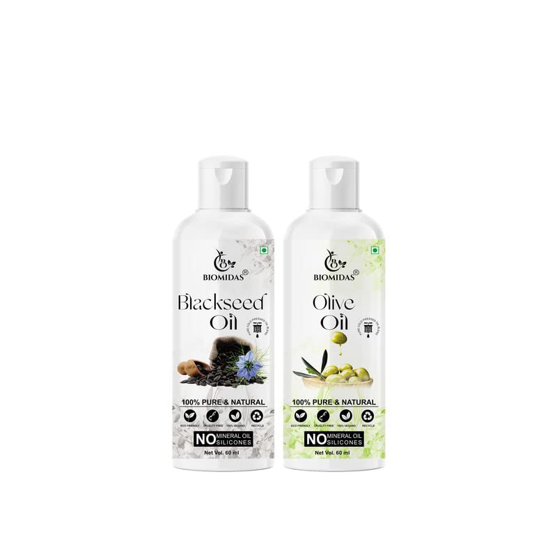 Biomidas 100% Pure Blackseed 60ML & Olive 60ML Combo For Rapid Hair Growth, Anti Hair Fall, Split Ends & Promotes Softer & Shinier Hair Oil(Pack of 2)