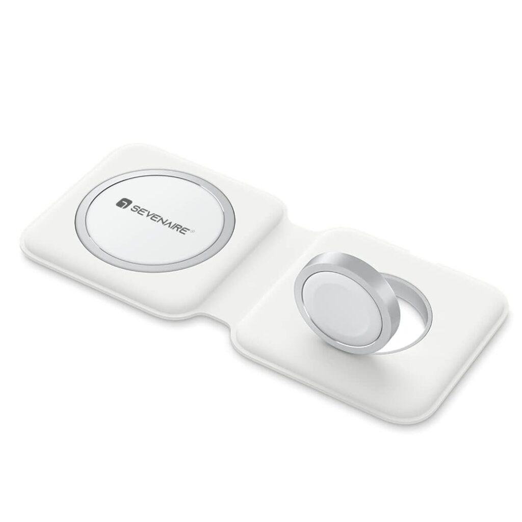 SEVENAIRE MagCharge D1950 Duo 2-in-1 Wireless Charger Dock- White | 15W Fast Wireless Charging Pad | Mag-Safe Compatible, Foldable & Portable for iPhones, iWatch