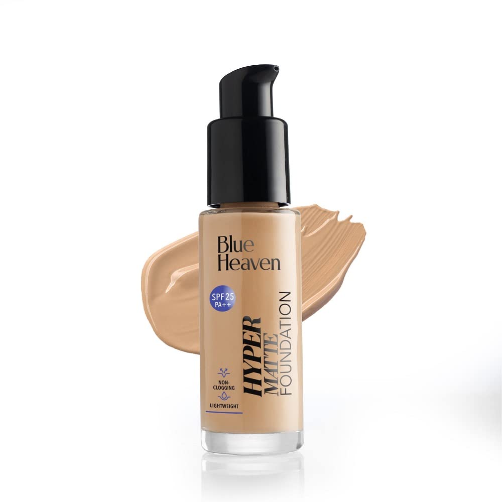 Blue Heaven Hyper Matte Foundation for Face Makeup with SPF 25 PA++, Matte Finish, Light Weight Formula, Medium Coverage for All types of Skin, Cream 302-Honey Tan, 30ml