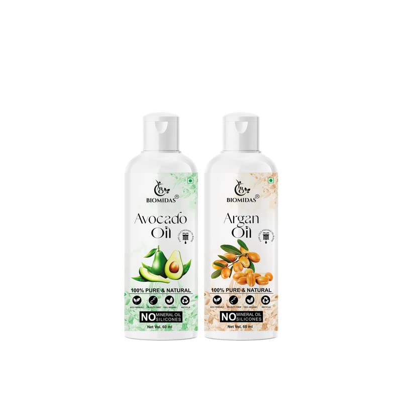Biomidas 100% Pure Avocado Oil 60ML & Argan Oil 60ML Combo For Rapid Hair Growth, Anti Hair Fall, Split Ends & Promotes Softer & Shinier Hair (Pack Of 2)