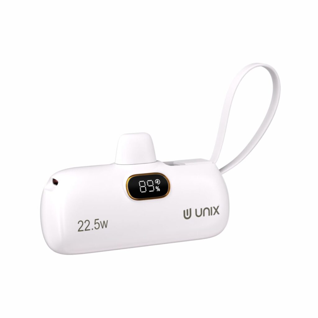 UNIX UX-1538 Slim 5000mAh Power Bank | 22.5W Fast Charging | Built-in Lightning & Type-C Cables | Digital Display | Ultra-Compact Mini Capsule Design | BIS Certified (White)