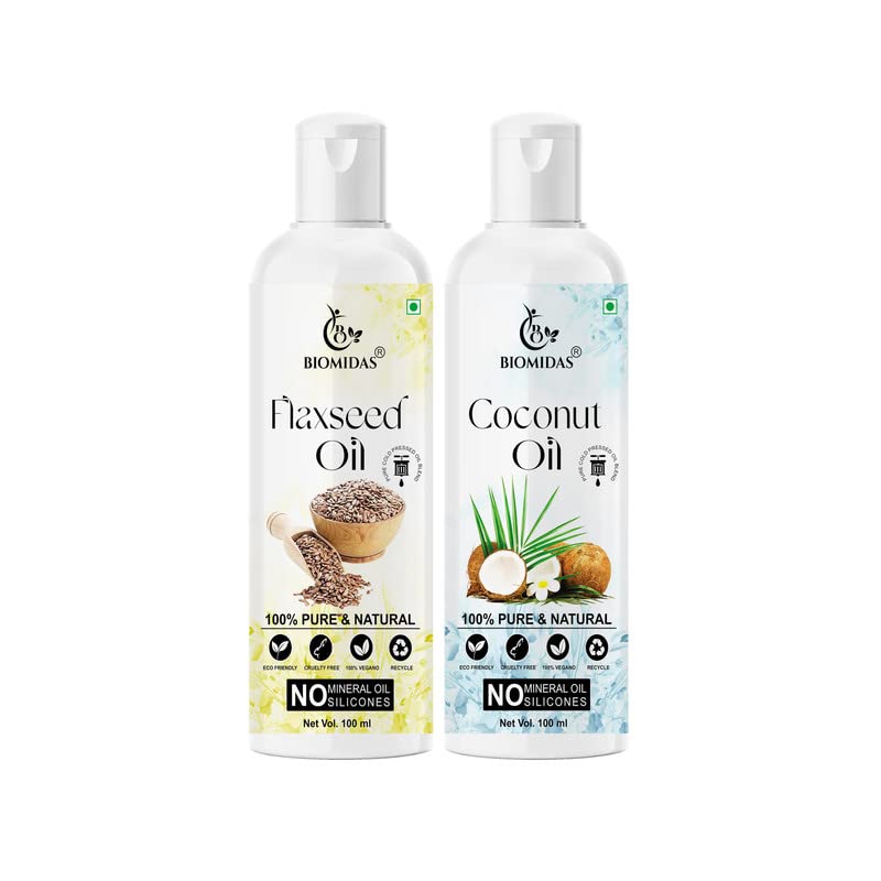 Biomidas 100% Pure Flaxseed 100ML & Coconut 100ML Combo For Rapid Hair Growth, Anti Hair Fall, Split Ends & Promotes Softer & Shinier Hair Oil(Pack of 2)