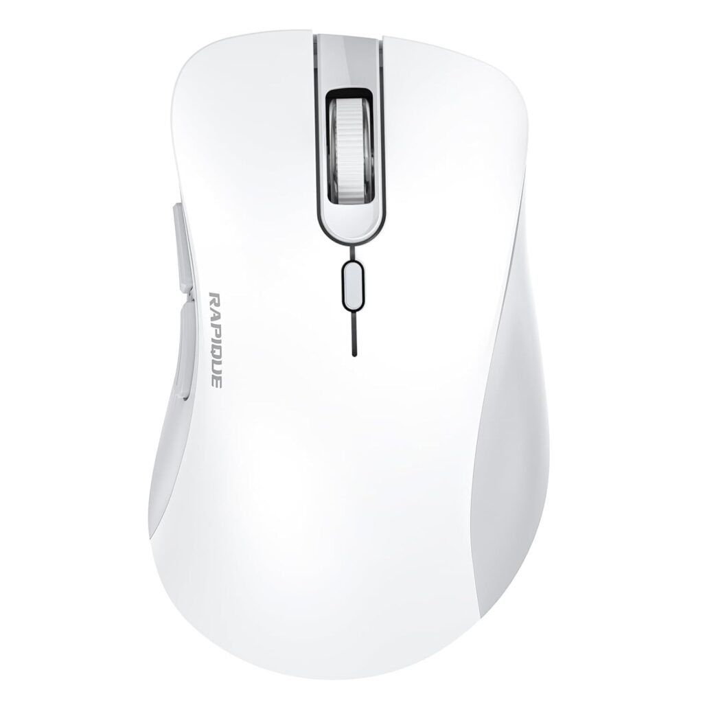RAPIQUE Wireless Mouse - Dual Bluetooth & 2.4 GHz Receiver, Ergonomic Design, Quiet Clicks, Low Power Consumption - Multi-Device Compatibility for Laptop, iPad, MacBook, & Chromebook (White and Grey)