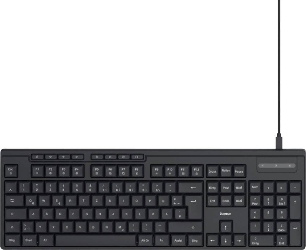 Hama CK-200 Wired Keyboard (USB Keyboard, Ergonomic Typing Feel, Quiet Keys, Removable Cable, German QWERTZ Layout, Multimedia Keys, Assist Key for AI Assistants) Black