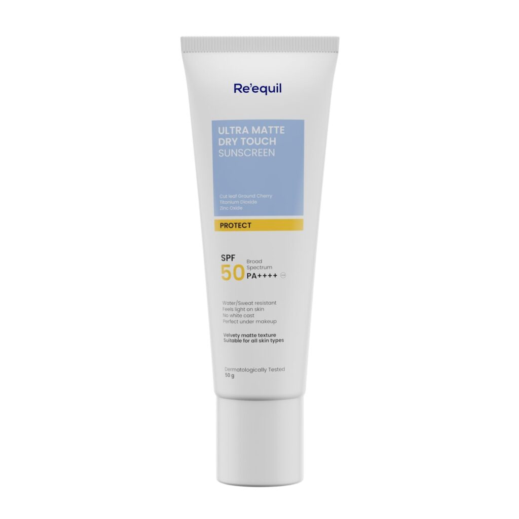 RE' EQUIL Ultra Matte Dry Touch Sunscreen | SPF 50 PA++++ | Water & Sweat Resistant | No White Cast, Non-Greasy & Non-Comedogenic | For All Skin Types | 50G