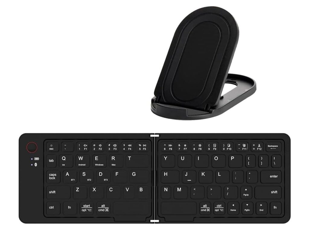 SOCHEP Bluetooth Foldable Wireless Keyboard with Holder, Portable Rechargeable Full Size (Sync Up to 3 Devices), Ultra-Slim Travel Folding Keyboard for Android, iOS, Windows
