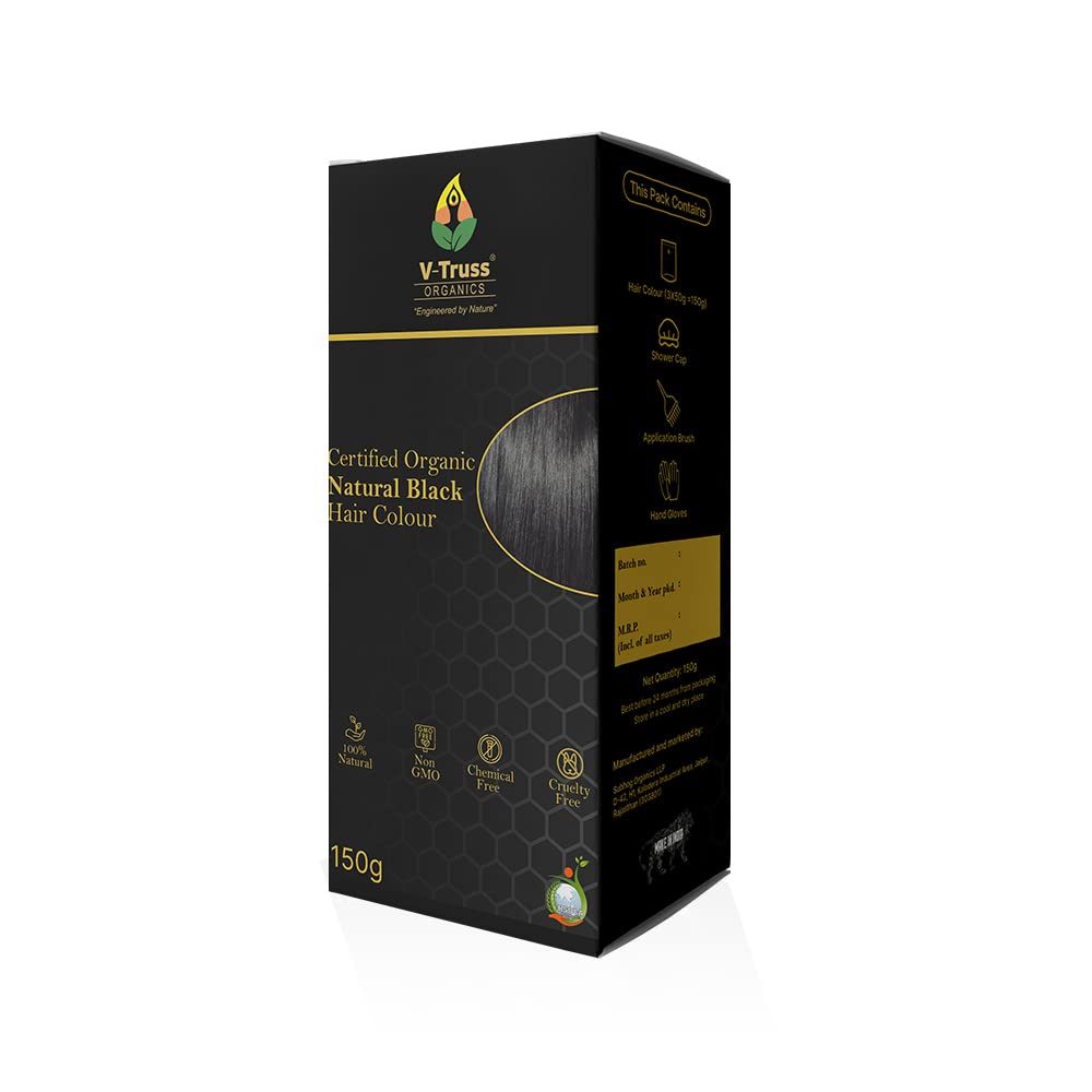 V-Truss Organics Natural Black Hair Colour - 150g | Natural and Healthy Shine | Long Lasting Conditioning Hair Color | Chemical free With No Ammonia, Bleach & Peroxides | For Women & Men