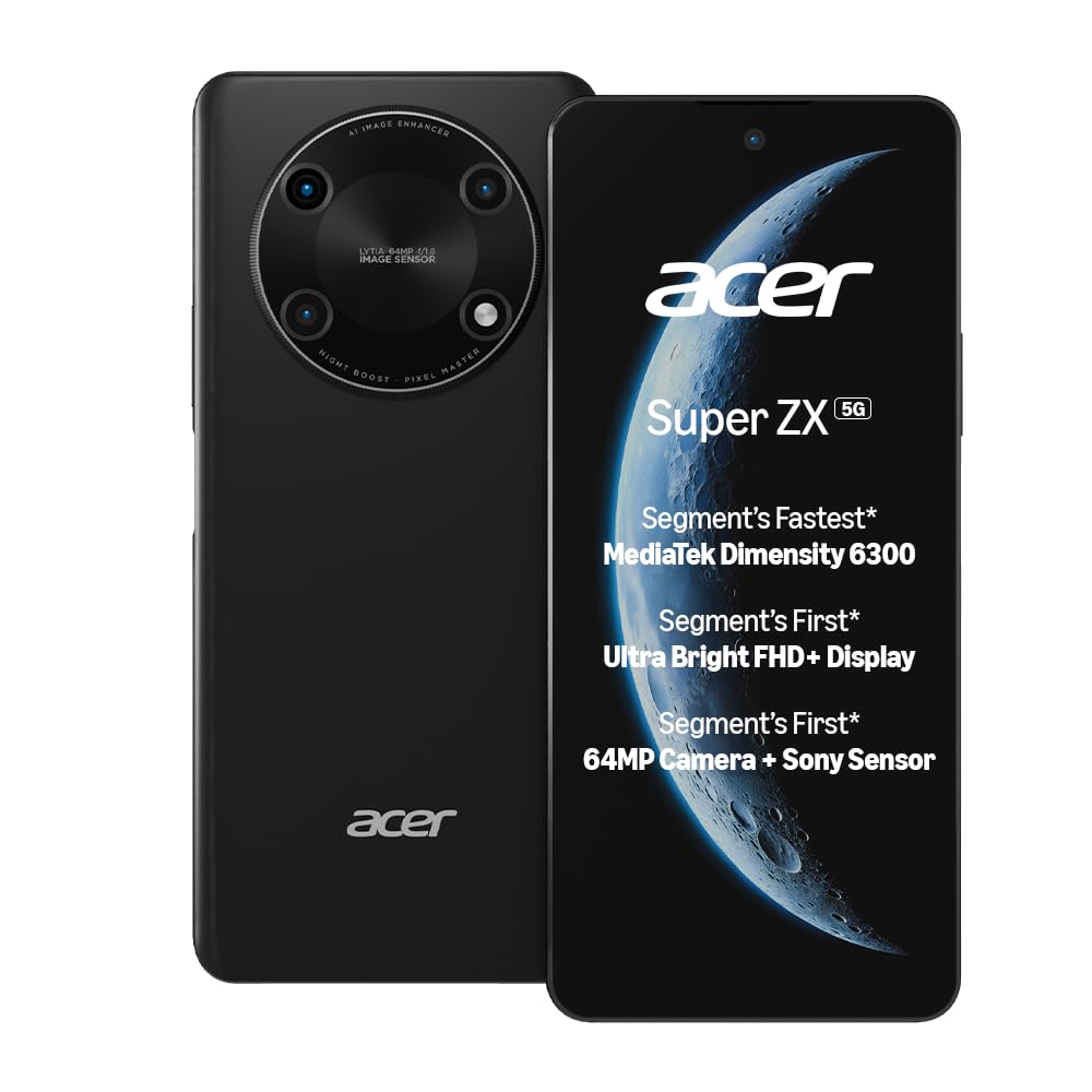 Acer Super ZX 5G (Carbon Black, 6GB RAM, 128GB Storage) | 120 Hz FHD+ Display | 5000 mAh Ultra-Thin Battery | Dimensity 6300 5G Processor | Sony 64MP AI Camera