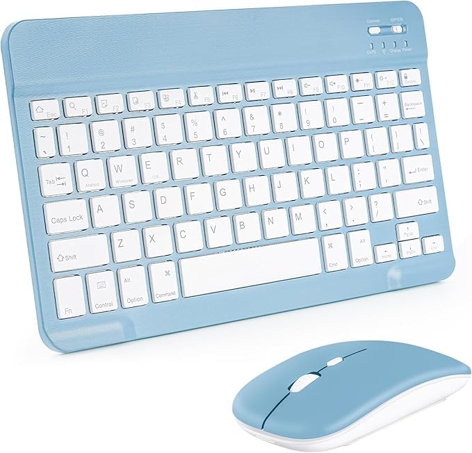 Astrill Wireless Keyboard and Mouse, Ultra Slim Universal Bluetooth Keyboard with Mouse, Rechargeable, Compatible with iOS/Android/Windows, Laptops, PC, Phones (Blue, with LED Light)