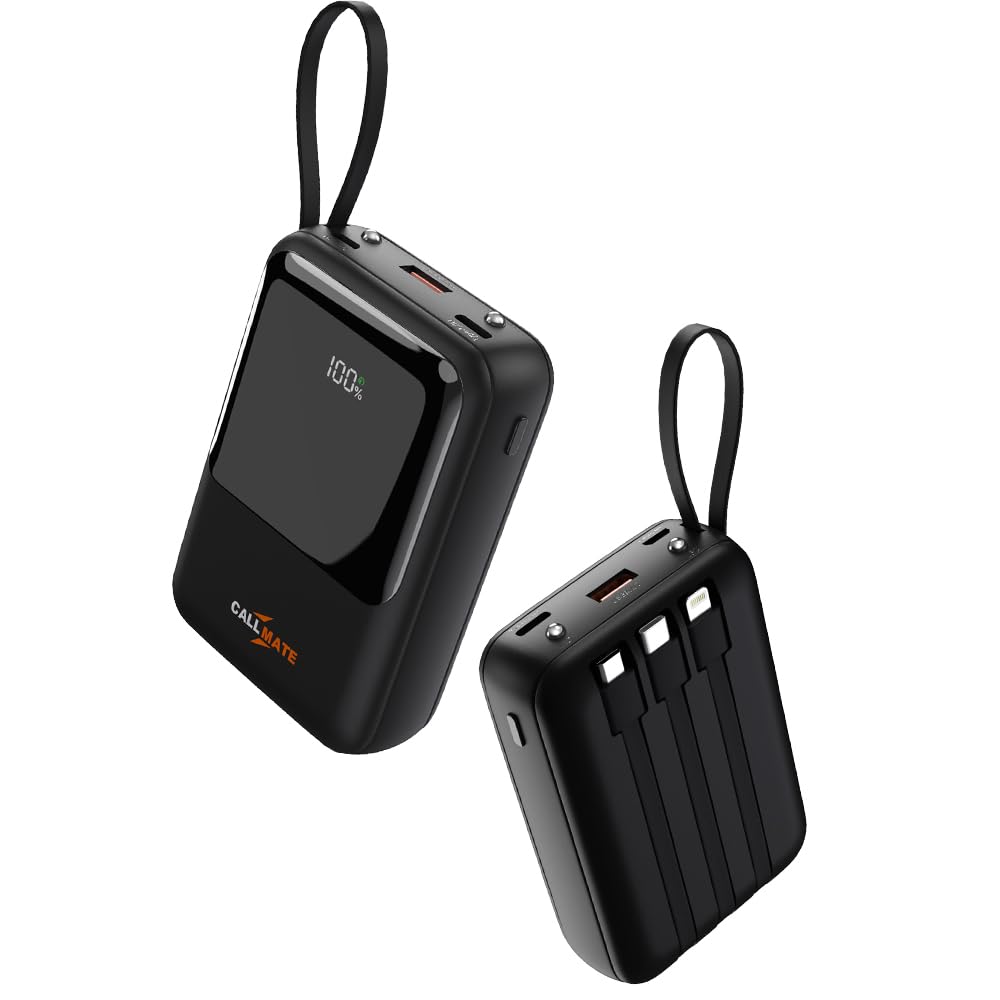 Callmate 10000mAh Flashlight Power Bank, 23W Fast Charging | Buit in Cables | 5 Output Ports and 3 Input | Digital Display (23 W, Power Delivery 3.0) (Black, Lithium Polymer)