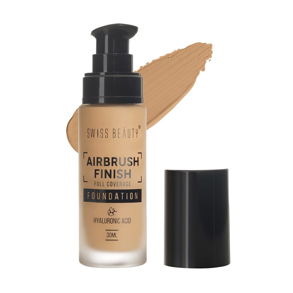 Swiss Beauty Airbrush Finish Full Coverage Foundation | Full Coverage Up To 8 Hours | Waterproof & Lightweight | Natural Matte Finish | Long-Lasting Wear | Enriched with Hyaluronic Acid | For All Skin Types | Dermatologically Tested | Shade- 05 Caramel Beige, 30ml