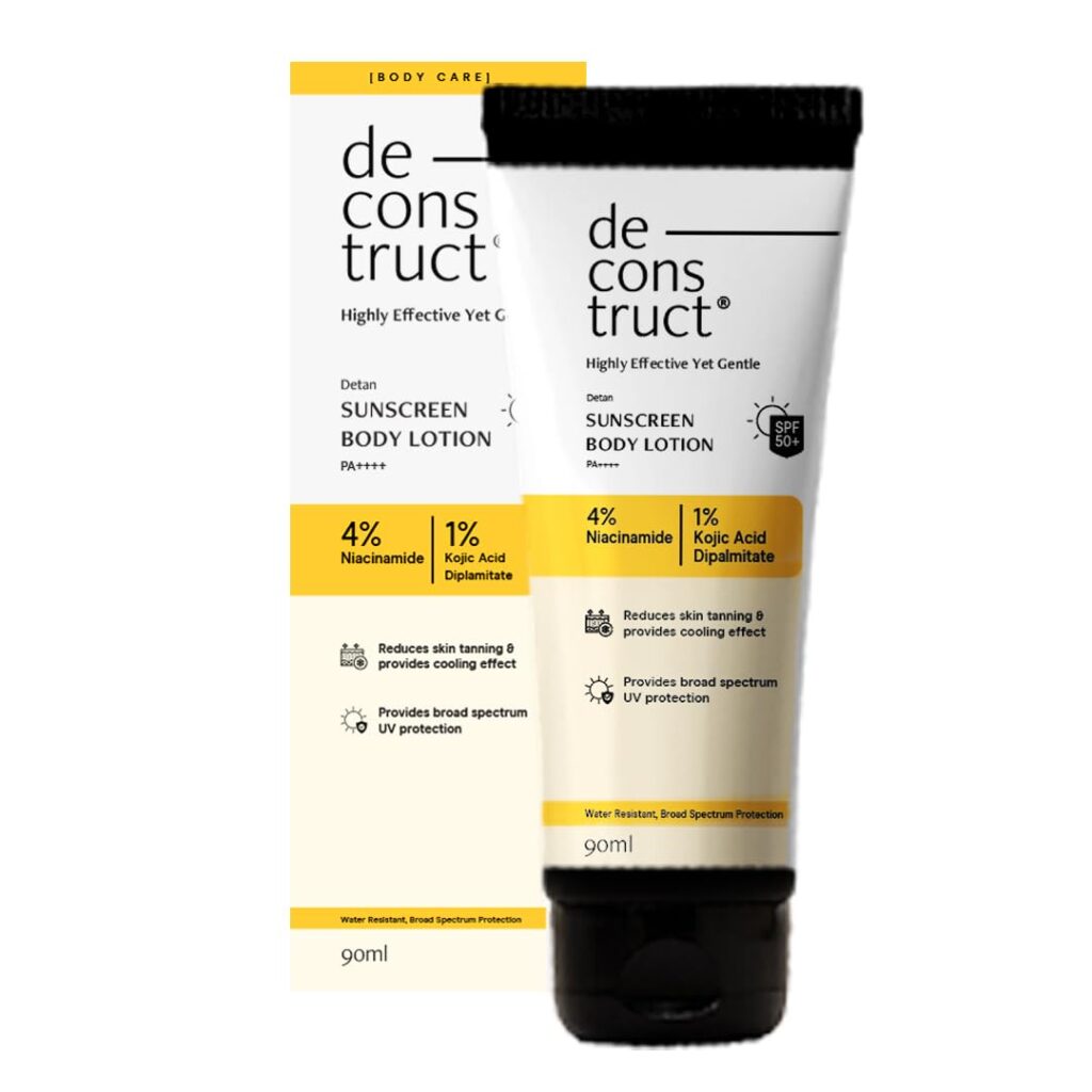 Deconstruct Detan Sunscreen Body Lotion SPF 50 PA++++ | Broad Spectrum UVA and UVB Protection| Lightweight , Water-Resisitent , Non-Greasy Formula | With Kojic Acid & Niacinamide for Reducing Tan Lines & Skin Brightening | All Skin types | 90 ml