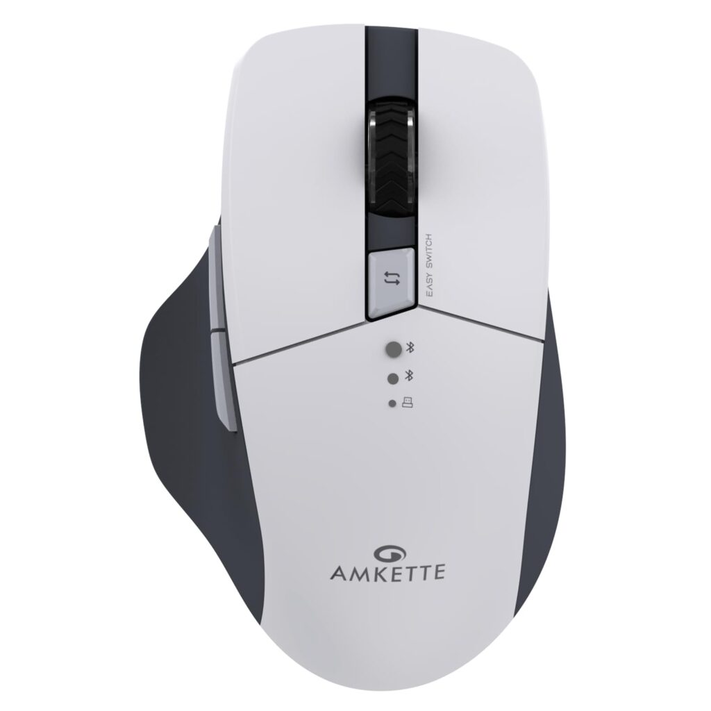Amkette Hush Pro Epic M Rechargeable Wireless Mouse/Bluetooth Mouse | 3 Device Connectivity (2xBT&2.4G) with Top Mounted Device Switch Button, Silent Switches, Ergonomic Design, Upto 3200 DPI (White)