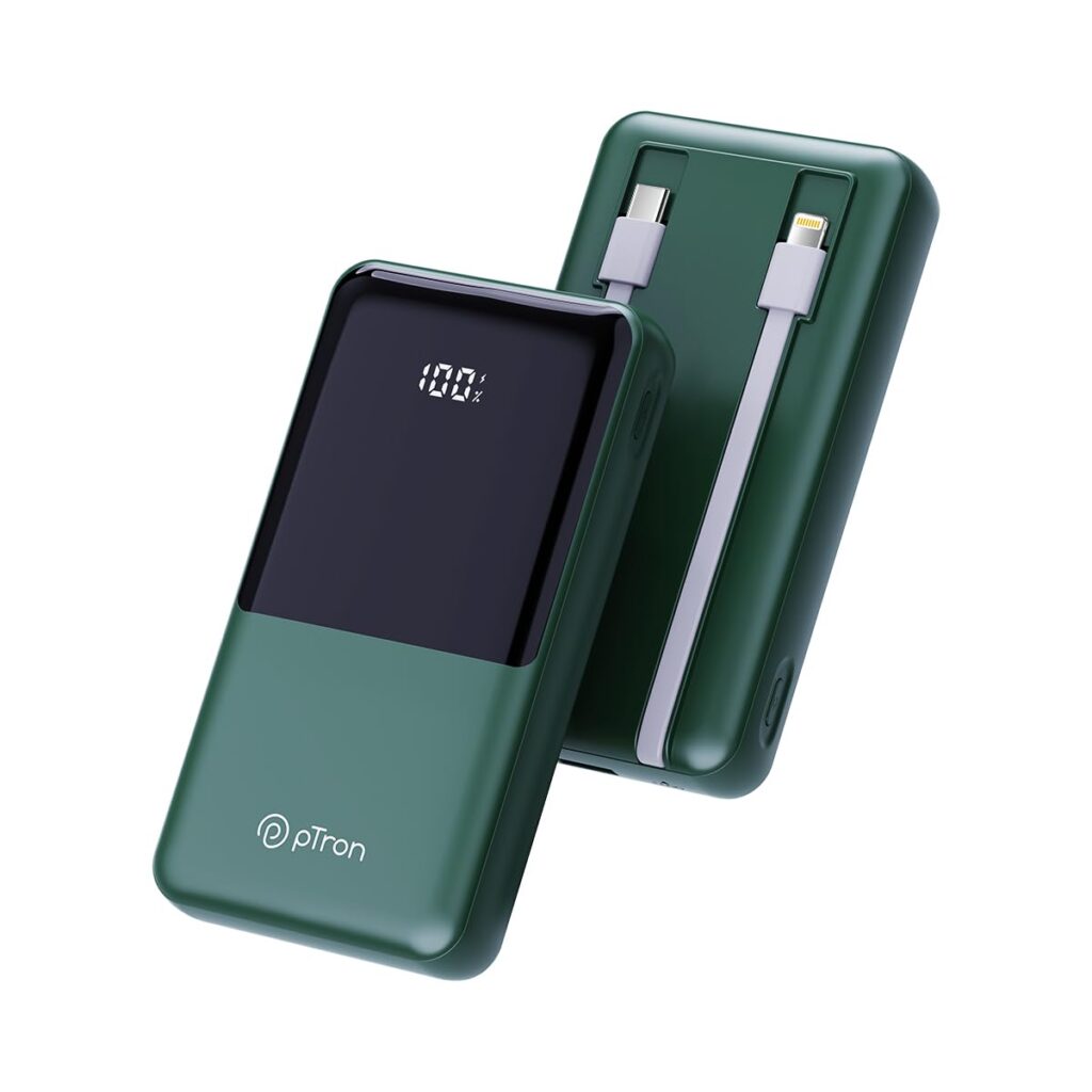 pTron Dynamo Power 20000mAh 22.5W Super Fast Charging, USB Type-C Input Power Bank with Quick Charge & 20W Power Delivery, Built-in Charging Cables, 4 Outputs, Type-C Input/Output Port (Green)