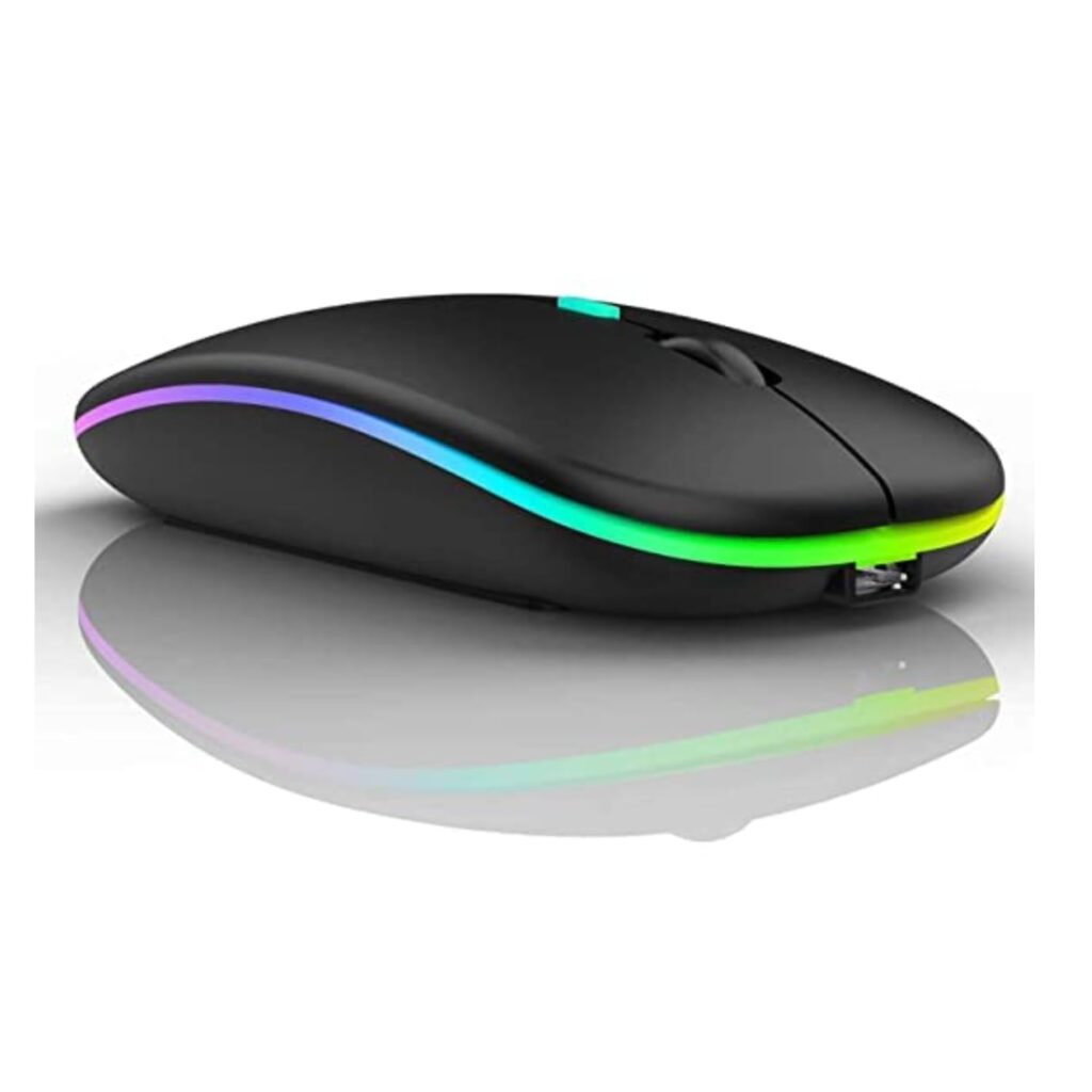 Dezful Wireless Mouse Gaming Mouse 2.4GHz Rechargeable Silent Optical Mouse with USB Receiver 1000/1200/1600 DPI Ergonomic Mouse with 7 Color Breathing Lights for PC Laptop(Black)