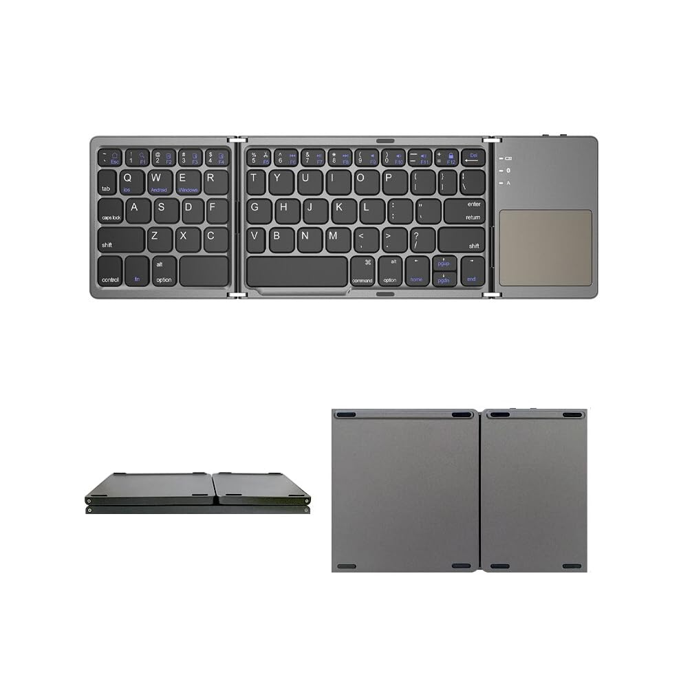 T TECLUSIVE Slim Foldable Wireless Bluetooth Keyboard with Integrated Touchpad | Folding Rechargeable Keyboard with Trackpad | Compatible for iPhone iPad/Android/Tablets/Mac Windows Laptop