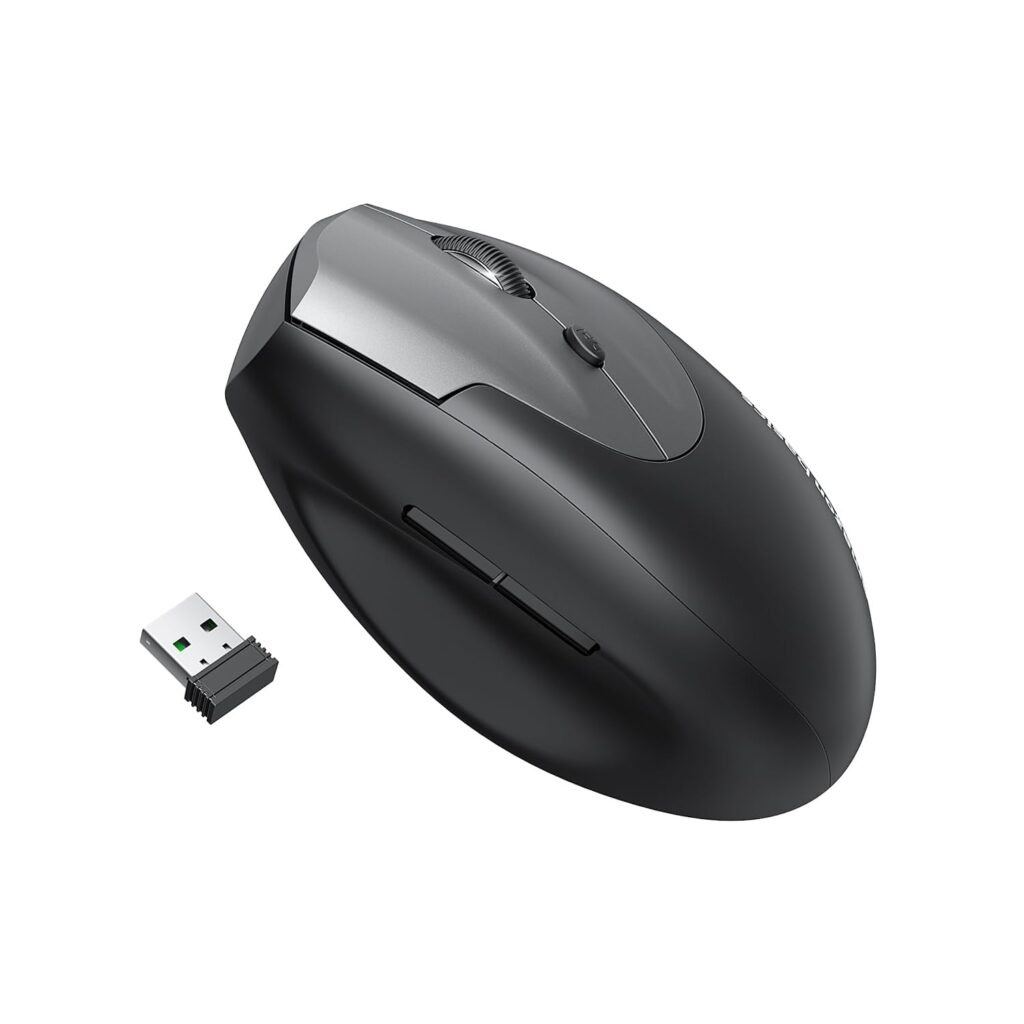 amazon basics Vertical Ergonomic Wireless Mouse – 6 Buttons, Adjustable up to 1600 DPI, 2.4G Optical, USB for Laptop/Mac/PC