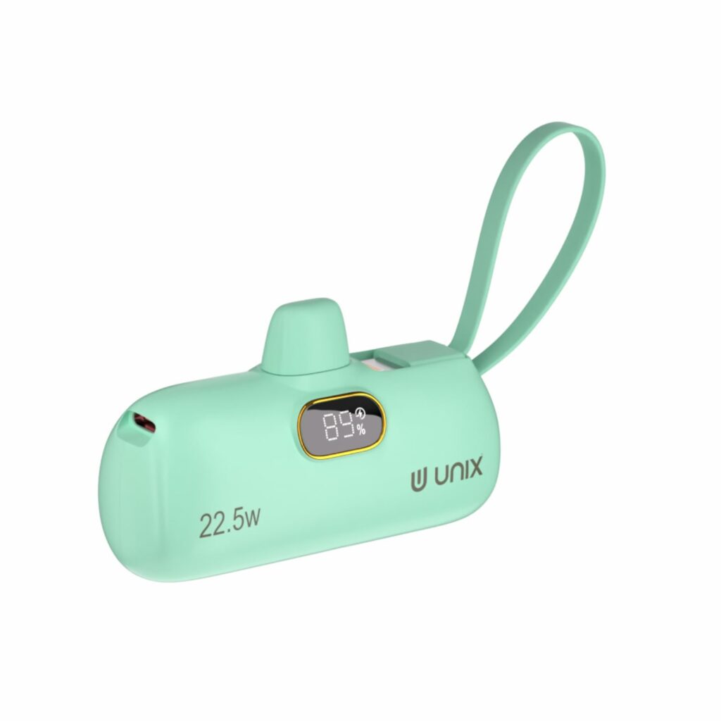 UNIX UX-1538 Slim 5000mAh Power Bank | 22.5W Fast Charging | Built-in Lightning & Type-C Cables | Digital Display | Ultra-Compact Mini Capsule Design | BIS Certified (Green)