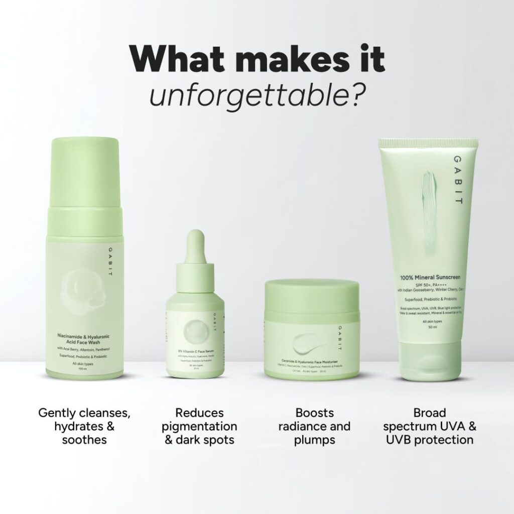 Gabit Skincare Gamechangers Kit | With Niacinamide & Hyaluronic Face Wash, 8% Vitamin C & Arbutin Serum, Ceramide & Hyaluronic Moisturizer, 100% Mineral Sunscreen | Men & Women, All Skin Types, 230ml