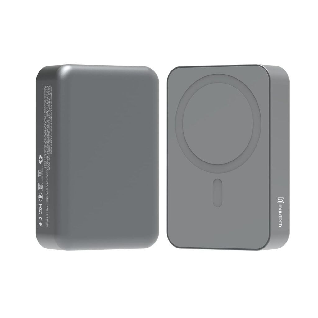 Muvtech Tank 20000mAh Aluminium Body Powerbank Wireless Magnetic Hold Fast Charging Power Bank 15W Fast Wireless & 35W Wired Output Charging Compatible with iPhone & Qi Enabled Devices (Grey)