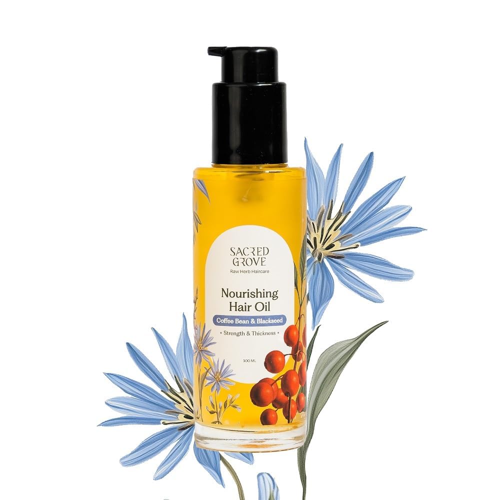 Sacred Grove Nourishing Oil | Improves Hair Texture & Prevents Split Ends | Coffee Bean, Blackseed & Safflower Oil | Made with 6 Potent Raw Herbs| Makes Hair Strong, Shiny & Manageable | 100ml