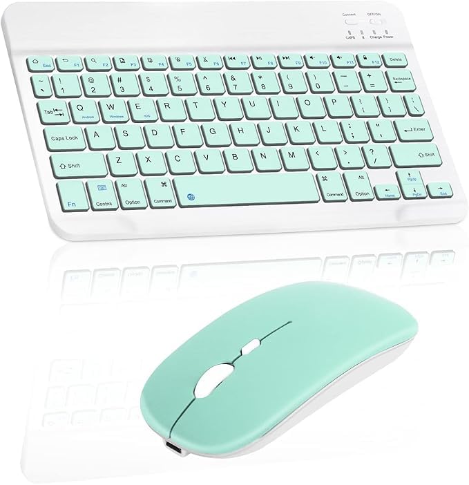 Astrill Wireless Keyboard and Mouse, Ultra Slim Universal Bluetooth Keyboard with Mouse, Rechargeable, 10m/33ft Range, Compatible with iOS/Android/Windows, Laptops, PC, Phones (Teal, with LED Light)