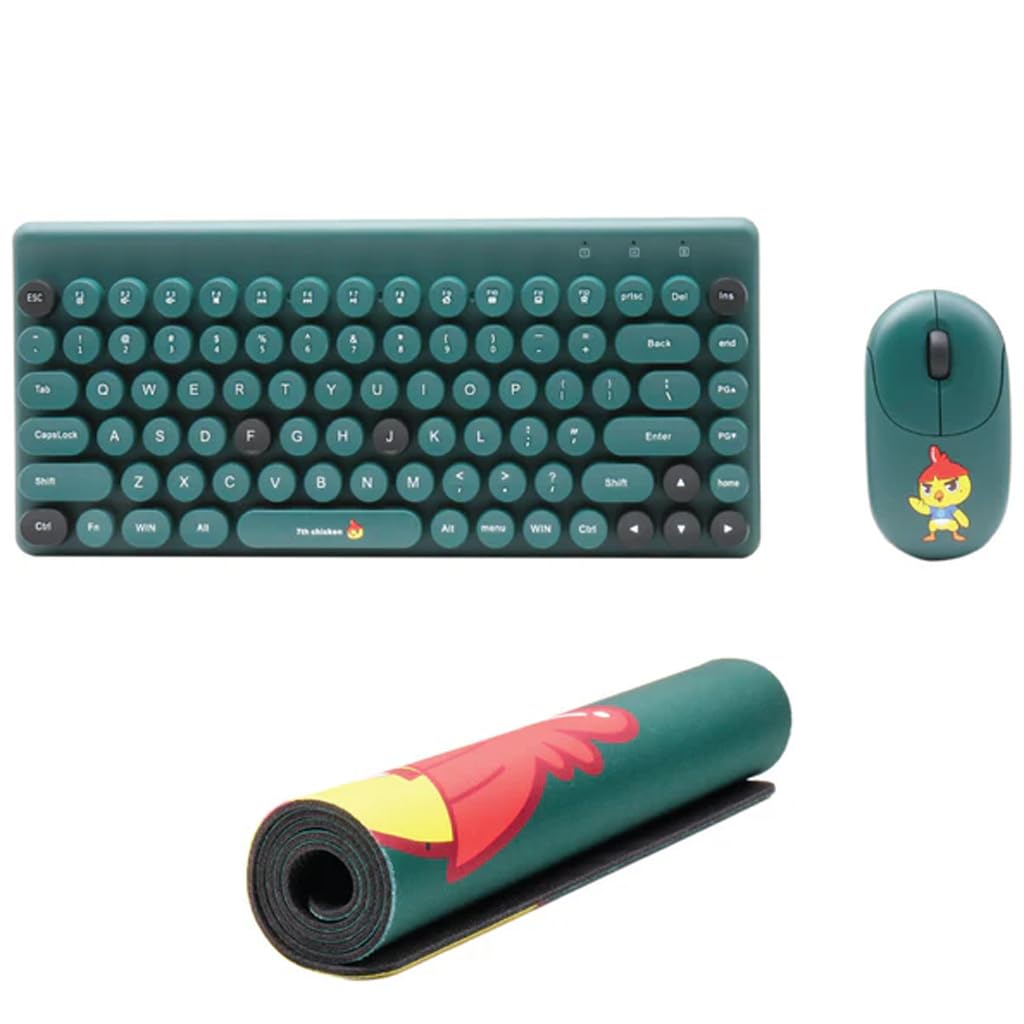 TECHPHILE J7 2.4GHz Wireless Keyboard Mouse with Mouse Pad Combo, Colorful Ergonomic Retro Style Round Keycaps Keyboard, 7th Edition Cartoonistic Mouse for Windows Android Mac iOS. (Jasper-Green)