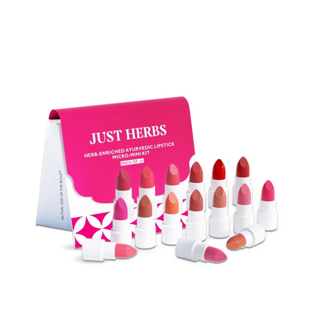 Just Herbs Ayurvedic Lipstick Micro-Mini Kit | Kit of 16 Matte Lipsticks | Long-lasting | Weightless | Ayurvedic Formula | Travel-friendly - 7g